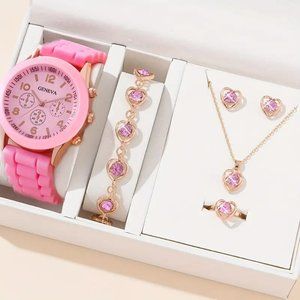 1pc Cute Round Silicone Quartz Watch For School Students And 5pcs Pink Heart Set